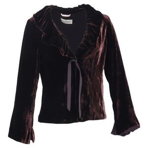 Max Mara Frilled Collar Bow Blazer in Burgundy Velvet